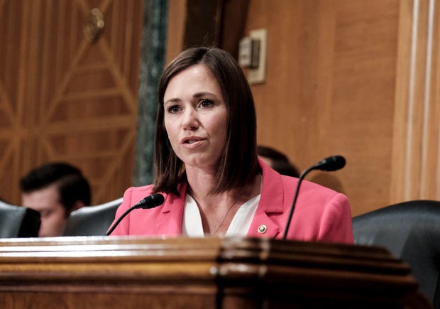 Sen Katie Britt listens during a Senate Banking Committee hearing on Capitol Hill on June 13, 2023.