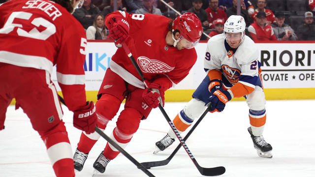 Brock Nelson #29 of the New York Islanders steals the puck off the stick of Ben Chiarot #8 of the Detroit Red Wings during the first period at Little Caesars Arena on February 29, 2024 in Detroit, Michigan. 