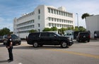 Former President Donald Trump departs a pretrial hearing in his "hush money" case at Manhattan Criminal Court on Feb. 15, 2024. 
