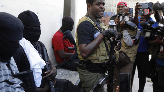 Barbecue, the leader of the "G9 and Family" gang, speaks to journalists in the Delmas 6 neighborhood of Port-au-Prince in Port-au-Prince, Haiti, Tuesday, March 5, 2024. 