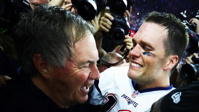 Bill Belichick and Tom Brady celebrate after Super Bowl LI 