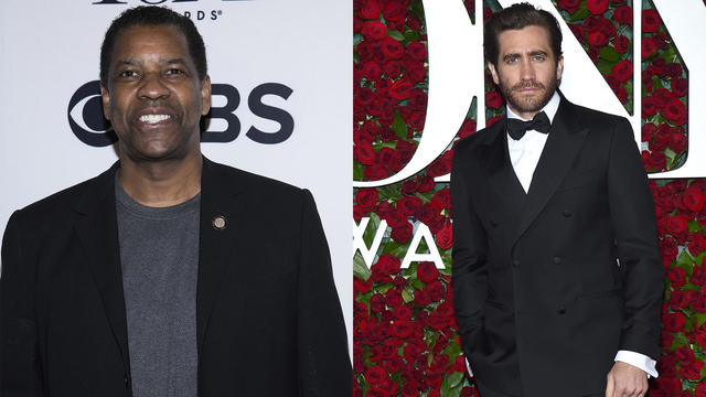 Left: Denzel Washington attends the 2018 Tony Awards Meet The Nominees press junket on Wednesday, May 2, 2018, in New York; Right:  Jake Gyllenhaal arrives at the Tony Awards at the Beacon Theatre on Sunday, June 12, 2016, in New York. 