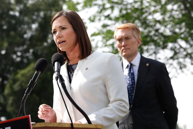 Sen. Katie Britt speaks on border security during a press conference at the U.S. Capitol on May 11, 2023.
