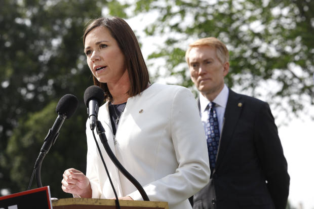 Sen. Katie Britt speaks on border security during a press conference at the U.S. Capitol on May 11, 2023. 