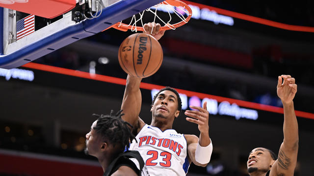 Jaden Ivey #23 of the Detroit Pistons dunks against the Brooklyn Nets during the first half at Little Caesars Arena on March 07, 2024 in Detroit, Michigan. 