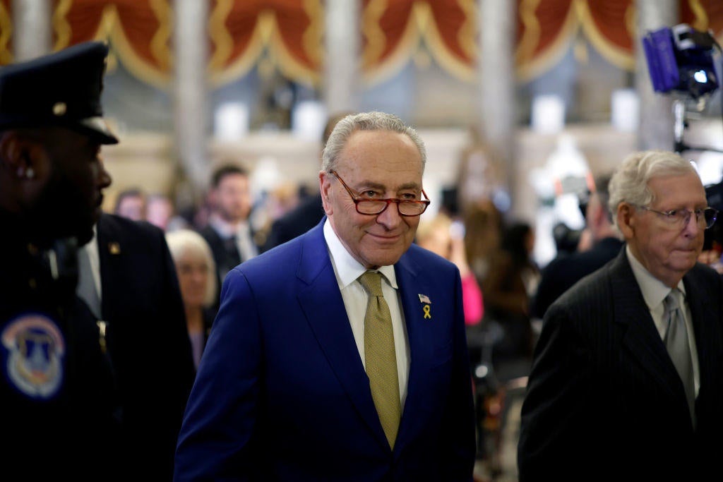 Senate Majority Leader Chuck Schumer in Statuary Hall ahead of a State of the Union address at the Capitol in Washington on Thursday, March 7, 2024. 