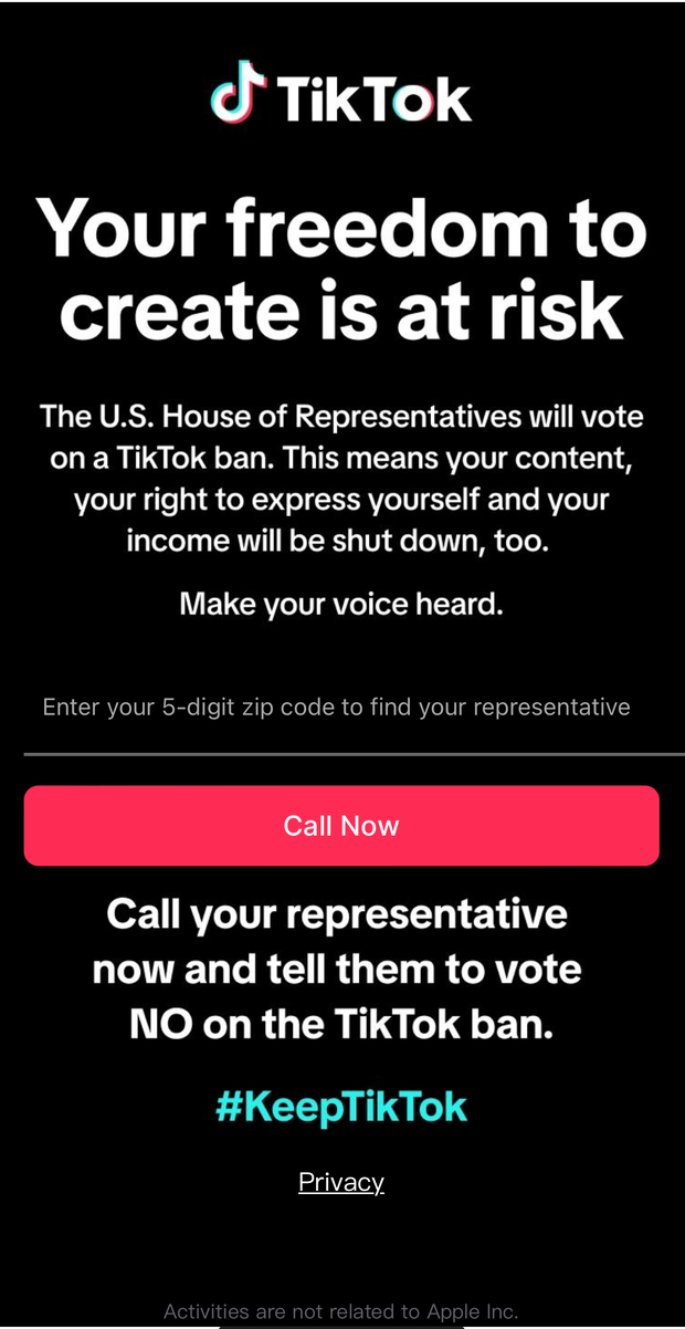A screenshot shows the call to action shown to some U.S. users by TikTok on Friday.