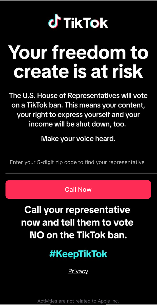 A screenshot shows the call to action shown to some U.S. users by TikTok on Friday. 