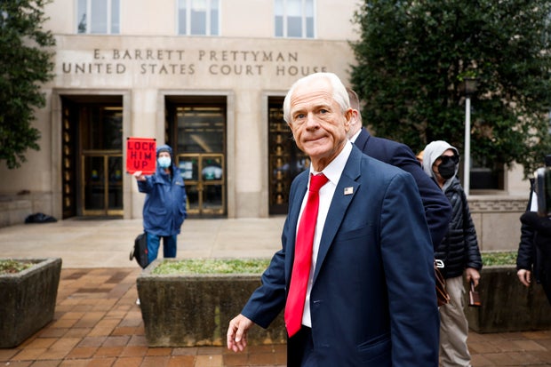 Peter Navarro, who served as trade adviser to former President Donald Trump, departs the E. Barrett Prettyman Courthouse on Jan. 25, 2024, in Washington, D.C.