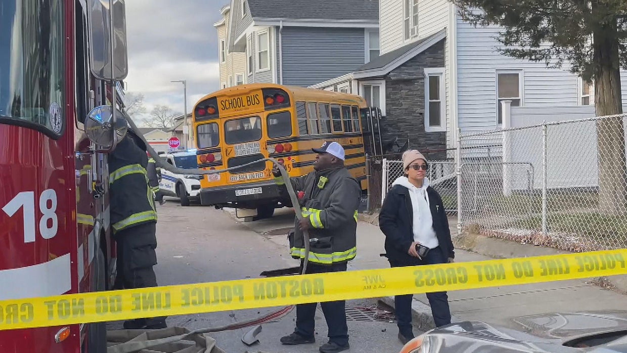 School bus with kids on board crashes into Dorchester home - CBS Boston