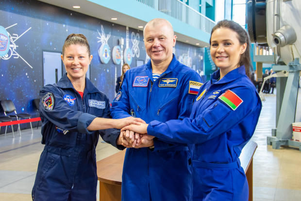 From left, NASA astronaut Tracy Dyson, Soyuz MS-25 commander Oleg Novitskiy and Belarus guest cosmonaut Marina Vasilevskaya will deliver a fresh Soyuz spacecraft to the International space station later this month. Novitskiy, Vasilevskaya and NASA astronaut Loral O'Hara will return to Earth on April 2 aboard the older Soyuz MS-24 ferry ship while Dyson will remain in orbit for six months. She'll return to Earth in September with cosmonauts Oleg Kononenko and Nikolai Chub, who are midway through a yearlong mission. They'll come back to Earth aboard the Soyuz MS-25 spacecraft. 