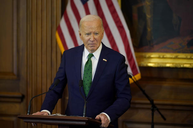 President Biden speaks during the annual "Friends of Ireland Luncheon" hosted by Speaker Mike Johnson on Capitol Hill in Washington, DC, during the Taoiseach's visit to the US for St Patrick's Day. 