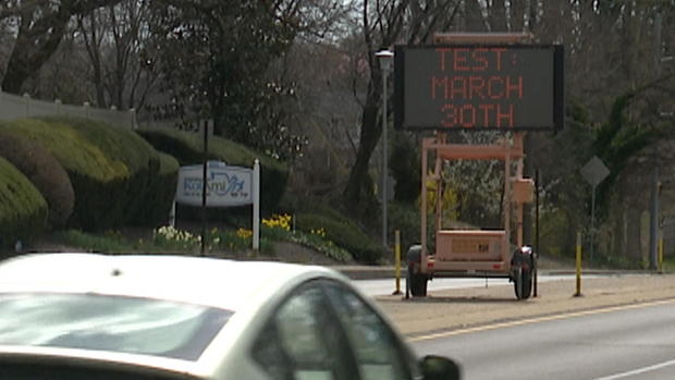An electronic road sign in Cheltenham Township that says Test March 30, intended to attract people to consider applying to the police force. 