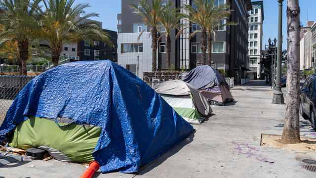 Homeless tents along the roadside in downtown Los Angeles, California, USA. 