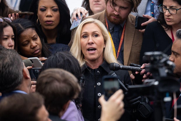 Rep. Marjorie Taylor Greene speaks to the media on the House steps of the Capitol after filing her motion to vacate targeting Speaker of the House Mike Johnson on Friday, March 22, 2024.