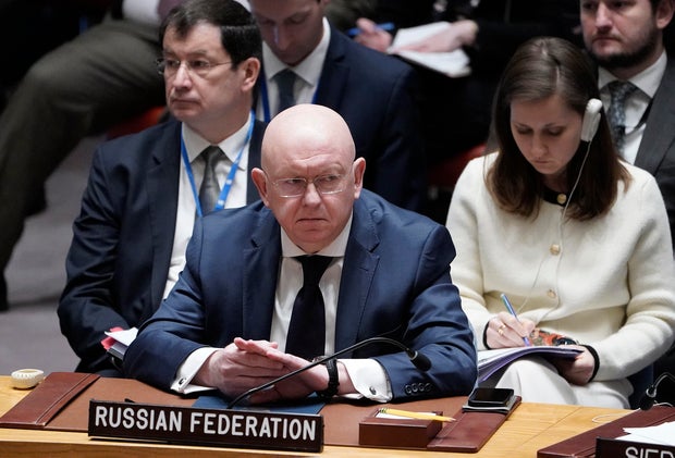 Russian permanent Ambassador to the U.N. Vassily Nebenzia listens during a U.N. Security Council meeting on a resolution demanding an immediate cease-fire in Gaza, at United Nations headquarters, March 25, 2024, in New York