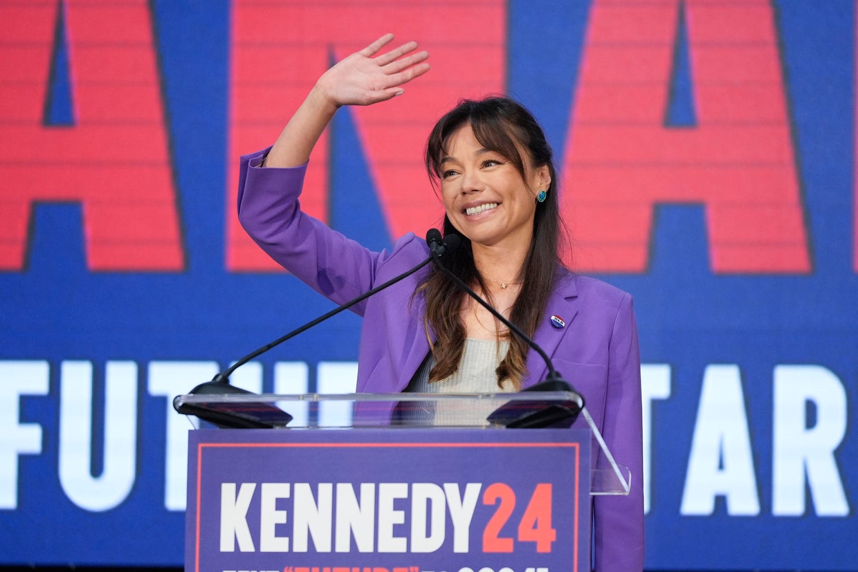 Nicole Shanahan waves from the podium during a campaign event for presidential candidate Robert F. Kennedy Jr. on Tuesday, March 26, 2024, in Oakland, California. 