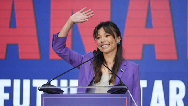 Nicole Shanahan waves from the podium during a campaign event for presidential candidate Robert F. Kennedy Jr. on Tuesday, March 26, 2024, in Oakland, California. 