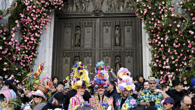 People participate with colorful costumes and hats at the annual Easter Parade in New York City, United States on April 09, 2023. 