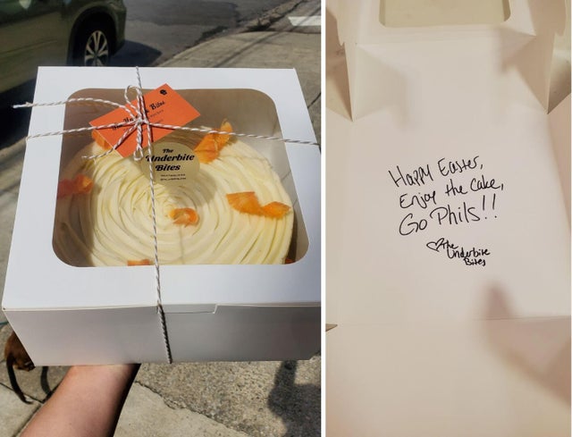 Two images, on the left, a carrot cake from a bakery; on the right, a note that says, Happy Easter, enjoy the cake, go Phils!