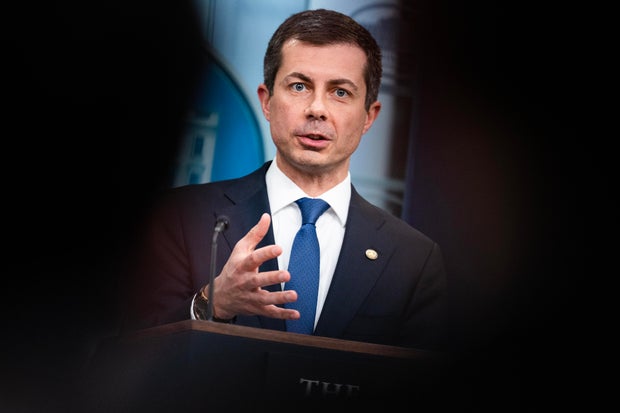 Secretary of Transportation Pete Buttigieg speaks about the Francis Scott Key Bridge collapse in Baltimore, during the White House press briefing on Wednesday, March 27, 2024.