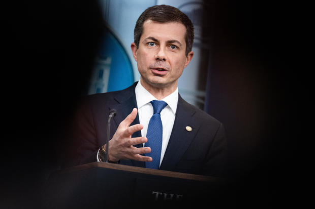 Secretary of Transportation Pete Buttigieg speaks about the Francis Scott Key Bridge collapse in Baltimore, during the White House press briefing on Wednesday, March 27, 2024. 
