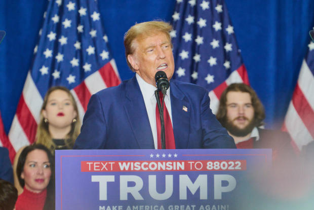 Former President Donald Trump speaks during a campaign event in Green Bay, Wisconsin, on Tuesday, April 2, 2024. 