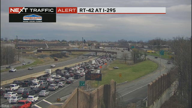 Car traffic is backed up on Route 42 southbound in Bellmawr, New Jersey 