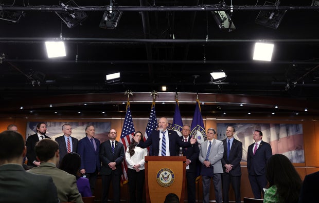 Rep. Chip Roy speaks alongside fellow Freedom Caucus members during a press conference on the government funding bill at the U.S. Capitol on March 22, 2024 in Washington, DC.