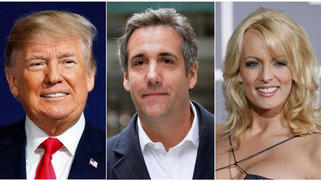 This combination of file photo shows former President Donald Trump, Michael Cohen and adult film actress Stormy Daniels. 