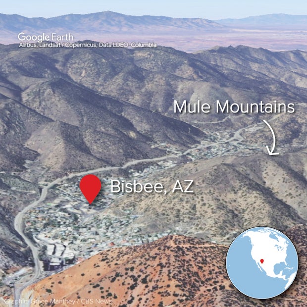 A Google Earth rendering of Bisbee, Arizona, near the Mule Mountains