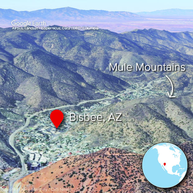 A google earth rendering of Bisbee, Arizona next to the Mule Mountains 