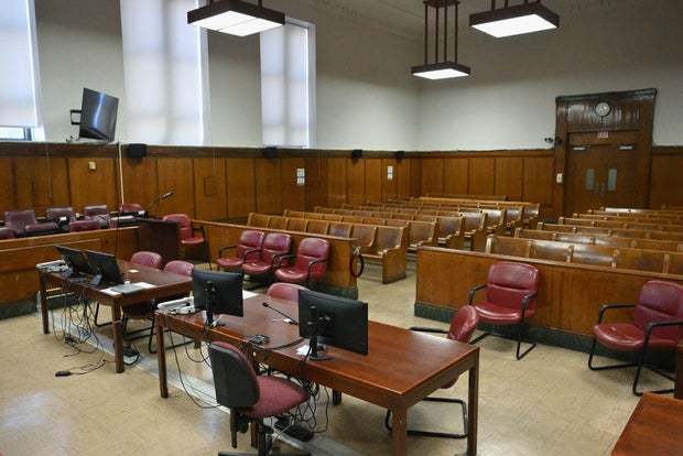 Judge Juan Manuel Merchan's courtroom at Manhattan Criminal Court in New York, seen on March 12, 2024.