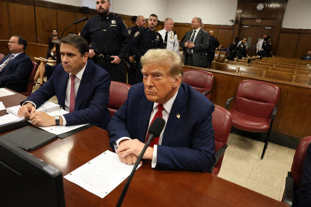 Former President Donald Trump attends the first day of his "hush money" trial at Manhattan Criminal Court in New York City on April 15, 2024. 