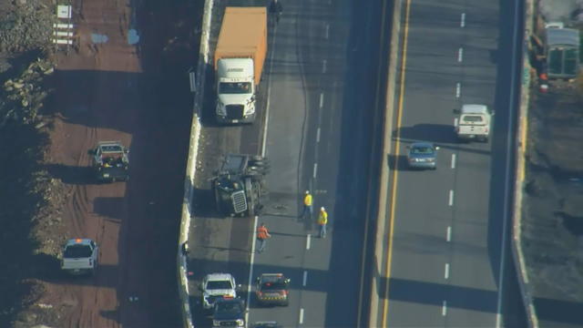Overturned dump truck on PA Turnpike between Quakertown and Lansdale 
