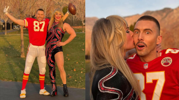 Charlie Bird as Travis Kelce and Ryan Clifford as Taylor Swift during Halloween 2023. 