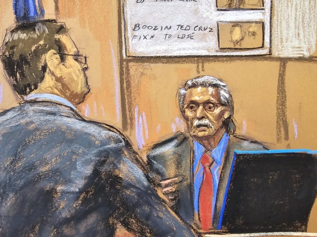 David Pecker answers questions from prosecutors Joshua Steinglass in former President Donald Trump's trial in New York on Tuesday, April 23, 2024.