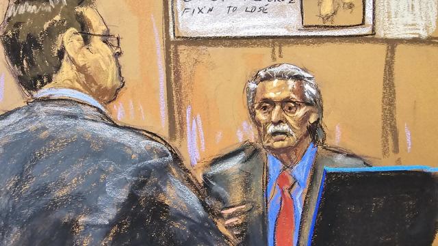 David Pecker answers questions from prosecutors Joshua Steinglass in former President Donald Trump's trial in New York on Tuesday, April 23, 2024. 