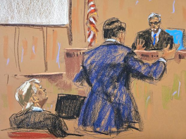 A court sketch showing Todd Blanche addressing Judge Juan Merchan during a hearing in former President Donald Trump's New York criminal trial on Tuesday, April 23, 2024. 
