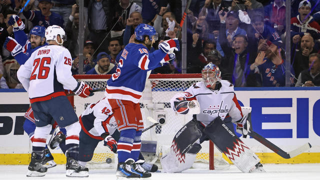 Vincent Trocheck #16 of the New York Rangers celebrates a first period goal by Mika Zibanejad #93 (not shown) against Charlie Lindgren #79 of the Washington Capitals in Game Two of the First Round of the 2024 Stanley Cup Playoffs at Madison Square Garden on April 23, 2024 in New York City. 