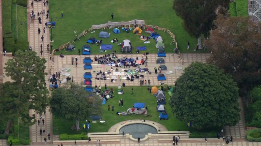 Pro-Palestinian protesters set up encampment on UCLA campus, tents
remain Friday