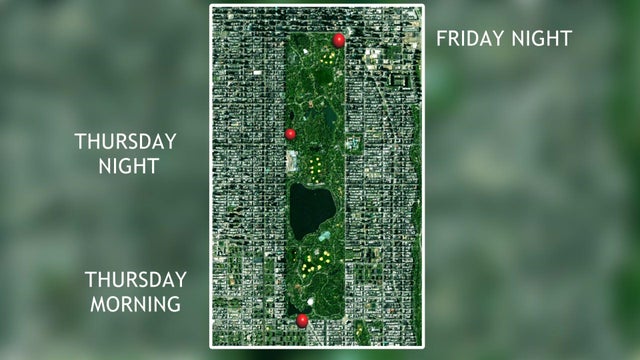A map showing the locations of three recent attacks in Central Park. 