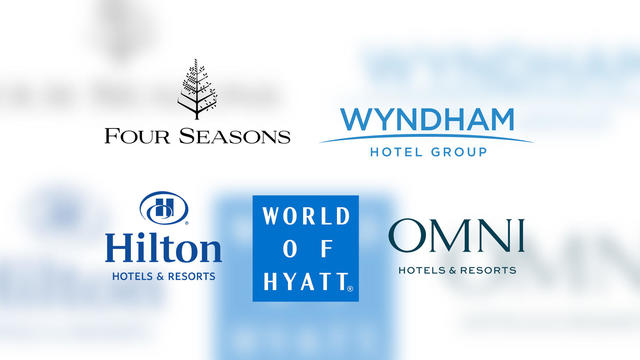 he Four Seasons, Wyndham Hotel Group, Hilton Hotel and Resorts, World of Hyatt, and Omni Hotel and Resorts logos 