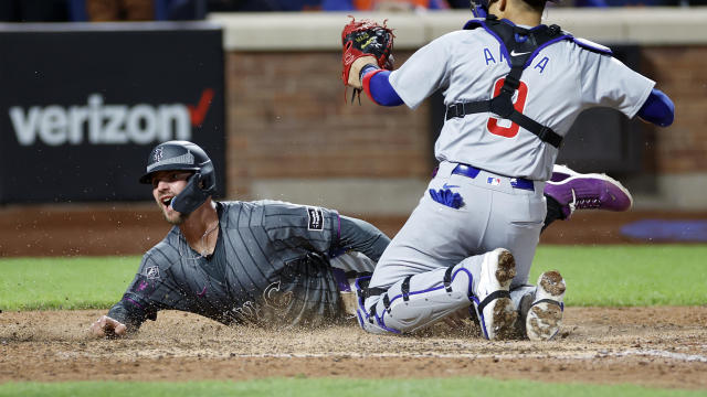 Pete Alonso #20 of the New York Mets slides into home but is tagged out by Miguel Amaya #9 of the Chicago Cubs during the ninth inning at Citi Field on May 01, 2024 in the Queens borough of New York City. The Cubs won 1-0. 