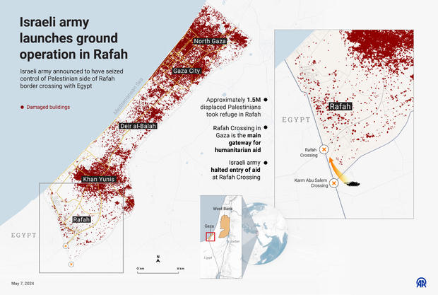An infographic shows the Rafah border crossing between the southern Gaza Strip and Egypt, the Gaza side of which an Israeli tank unit seized "operational control" of on May 7, 2024, according to the IDF. 