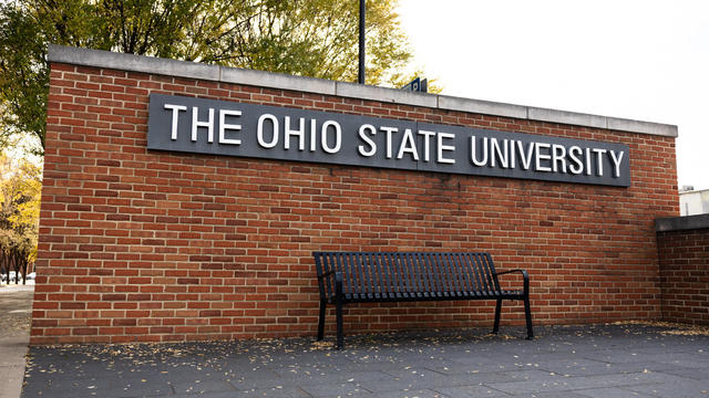 A sign is seen at the entrance of The Ohio State University in Columbus, Ohio, on Nov. 6, 2023. 