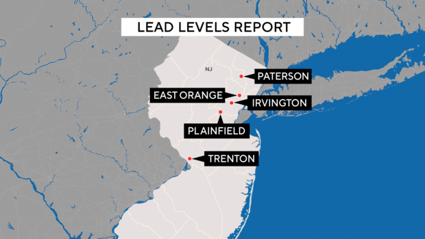 A map showing the New Jersey cities where lead levels in children are highest: Trenton, Irvington, East Orange, Plainfield and Paterson 