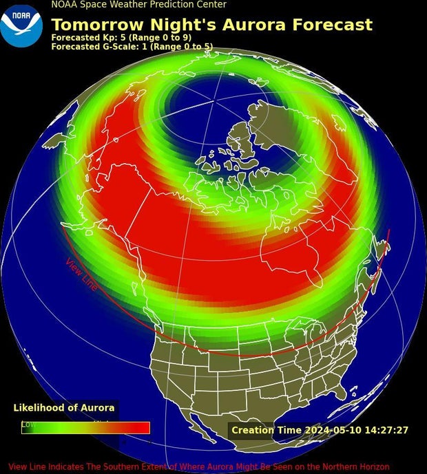 Space Weather Prediction Center の地図には、2024 年 5 月 11 日の米国のオーロラ予報が示されています。