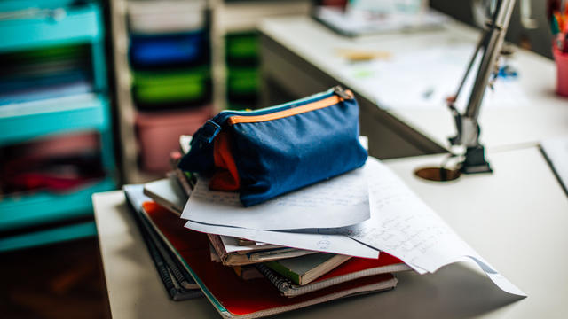 student supplies on desk at home 