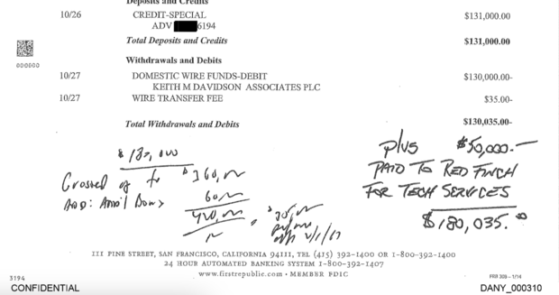 Handwritten notes from Allen Weisselberg showing the math behind payments to Michael Cohen, as shown at former President Donald Trump's trial in New York on Monday, May 13, 2024. 
